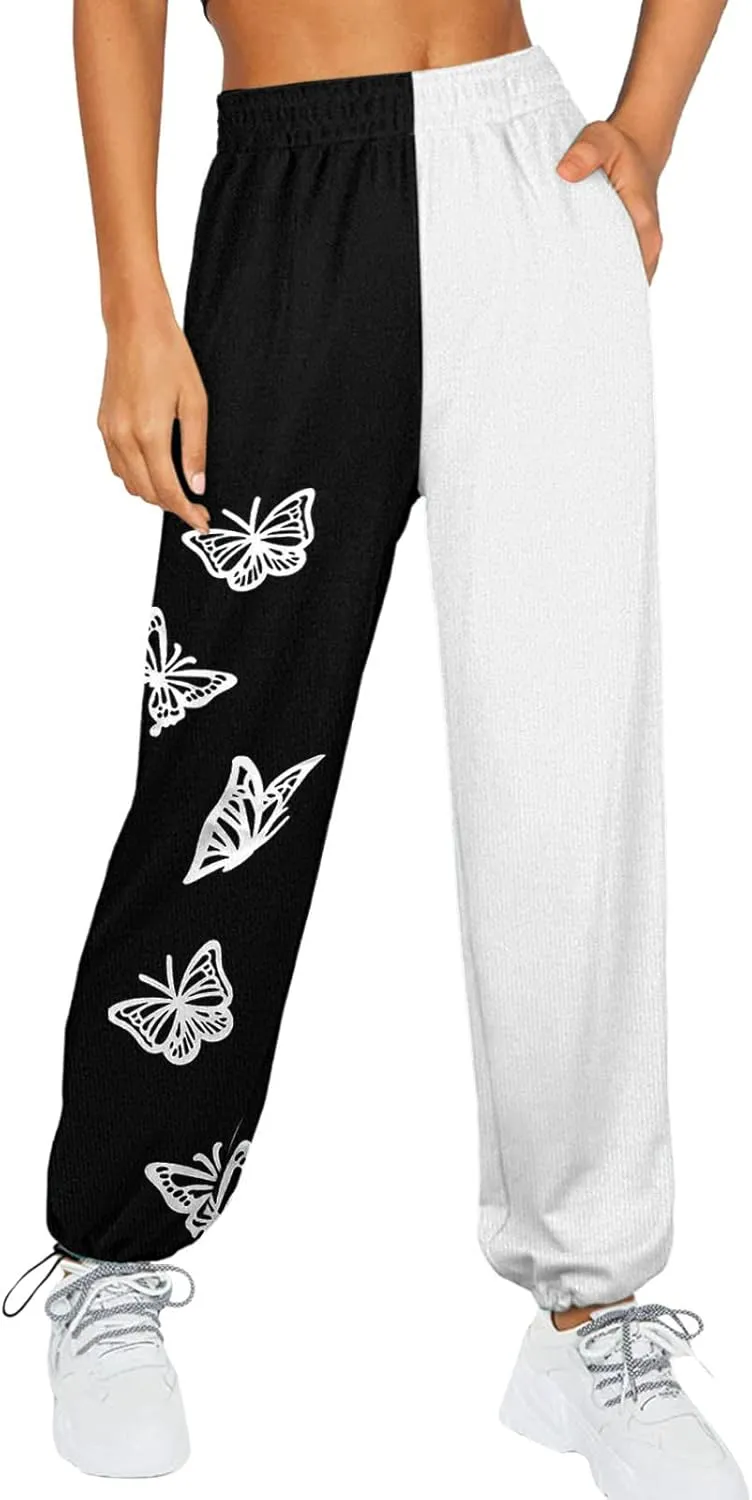 2024 Sweatpants for Women Trendy Plaid Sun Print High Waist Wide Leg Pants Work Casual Loose Fit Pocket Lounge Joggers