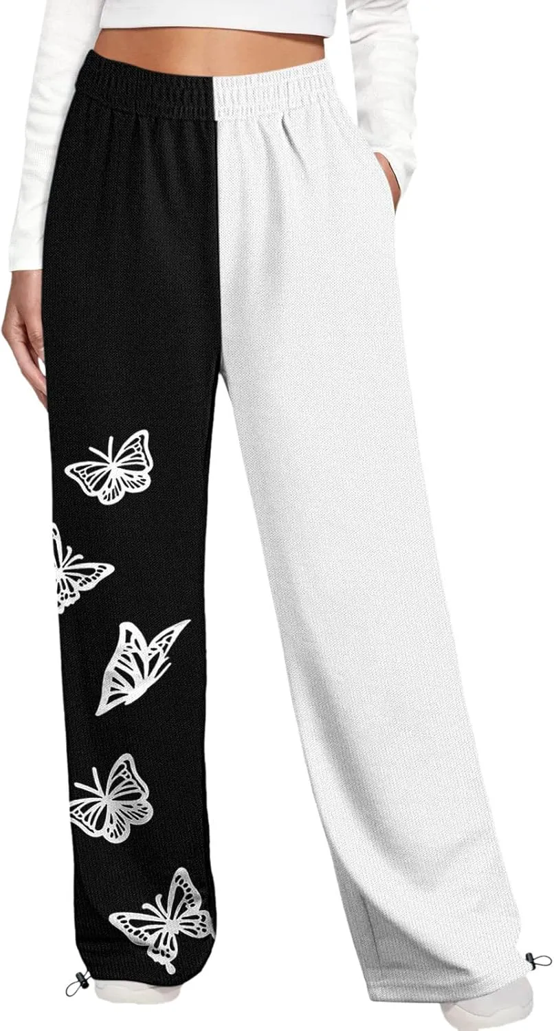 2024 Sweatpants for Women Trendy Plaid Sun Print High Waist Wide Leg Pants Work Casual Loose Fit Pocket Lounge Joggers