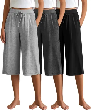3 Pack Women's Capri Pants, Casual Wide Leg Yoga Pants High Waist Drawstring Cropped Lounge Trousers with Pockets