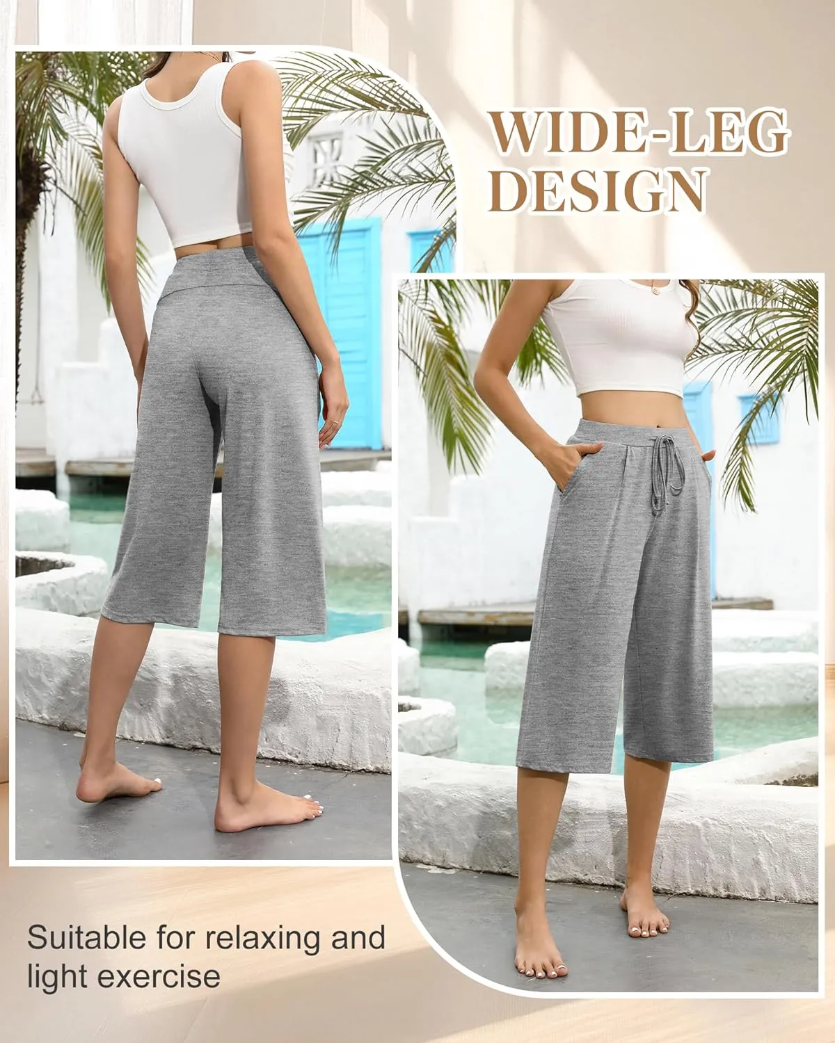 3 Pack Women's Capri Pants, Casual Wide Leg Yoga Pants High Waist Drawstring Cropped Lounge Trousers with Pockets