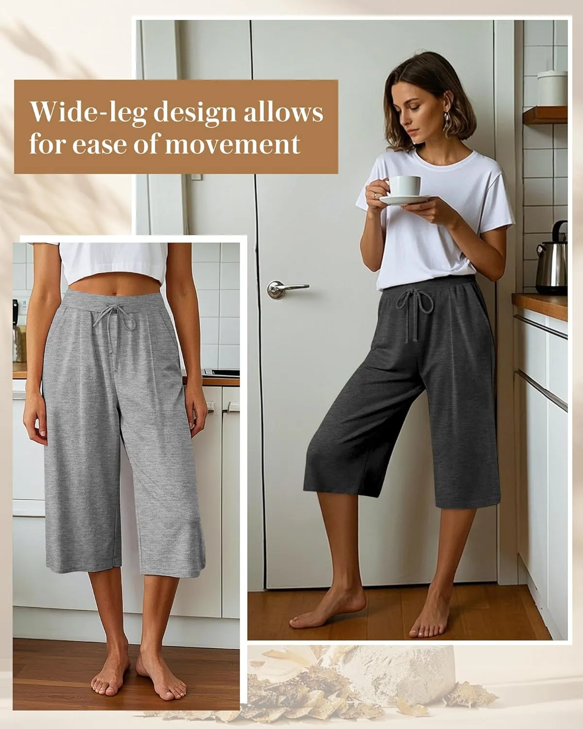 3 Pack Women's Capri Pants, Casual Wide Leg Yoga Pants High Waist Drawstring Cropped Lounge Trousers with Pockets