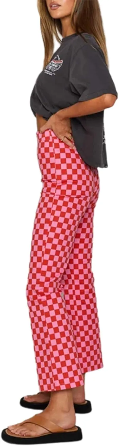 Acehomeyfit Women Casual Straight Wide Leg Flare Pants High Waist Baggy Checkerboard Printed Trousers Joggers 90s Streetwear