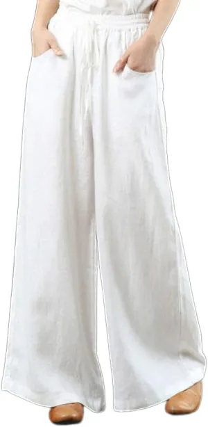 Akivide Womens Cotton Linen Palazzo Pants Drawstring Elastic High Waist Casual Wide Leg Trousers with Pockets