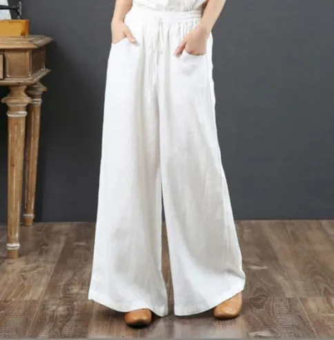 Akivide Womens Cotton Linen Palazzo Pants Drawstring Elastic High Waist Casual Wide Leg Trousers with Pockets