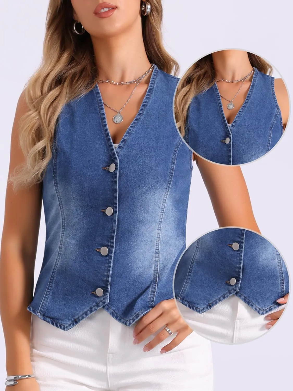 Allegra K V Neck Denim Vest for Women's Sleeveless Button Down Jean Waistcoat Fashion Casual Jacket