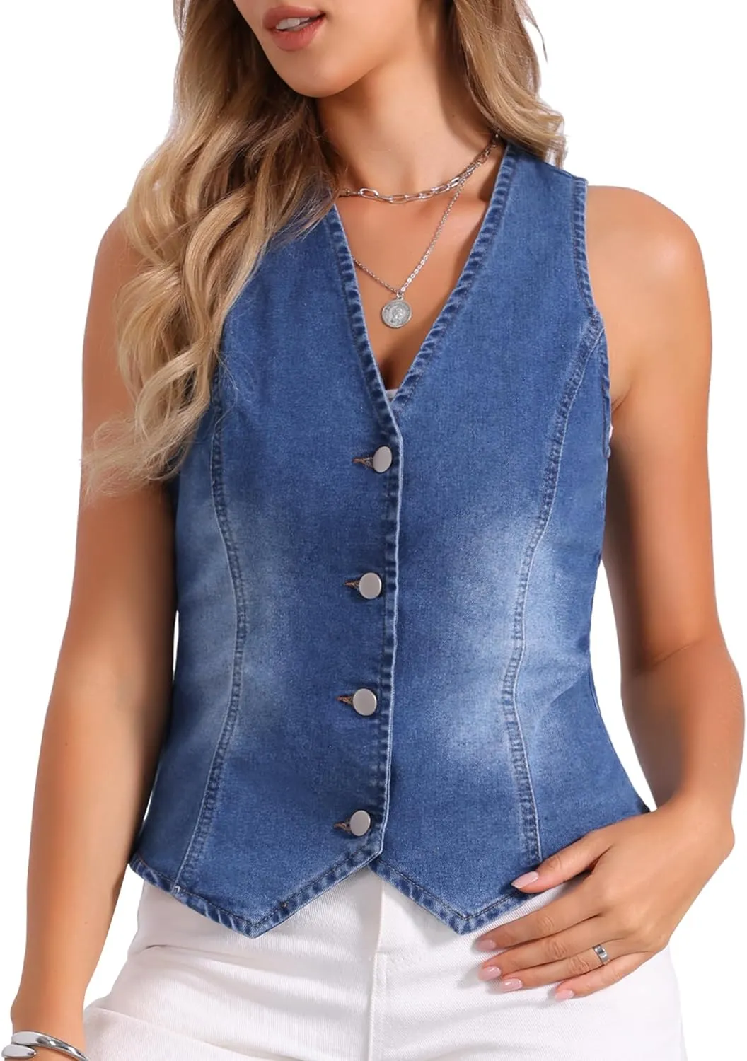 Allegra K V Neck Denim Vest for Women's Sleeveless Button Down Jean Waistcoat Fashion Casual Jacket