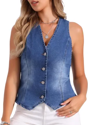 Allegra K V Neck Denim Vest for Women's Sleeveless Button Down Jean Waistcoat Fashion Casual Jacket