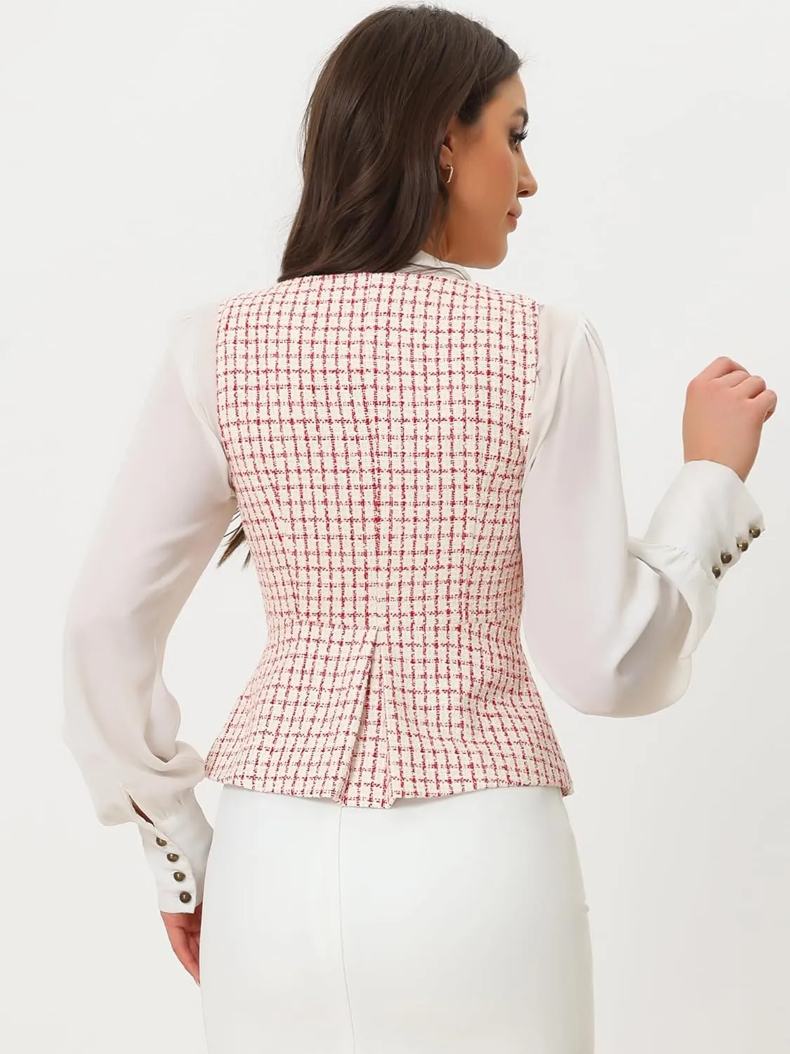 Allegra K Vintage Tweed Vest for Women's Double Breasted Sleeveless Plaid Waistcoat Jacket
