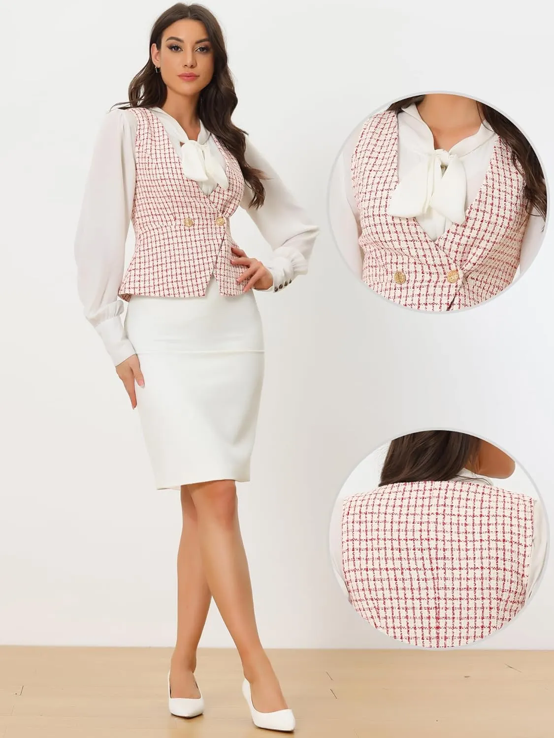 Allegra K Vintage Tweed Vest for Women's Double Breasted Sleeveless Plaid Waistcoat Jacket