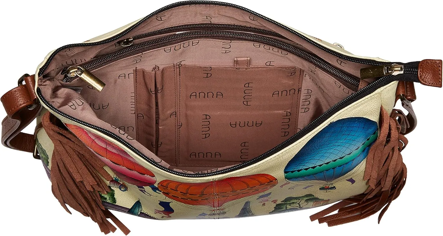 Anna by Anuschka Women's Handpainted Women's Large Genuine Leather Fringed Hobo - with Zippered Pockets and Adjustable Strap