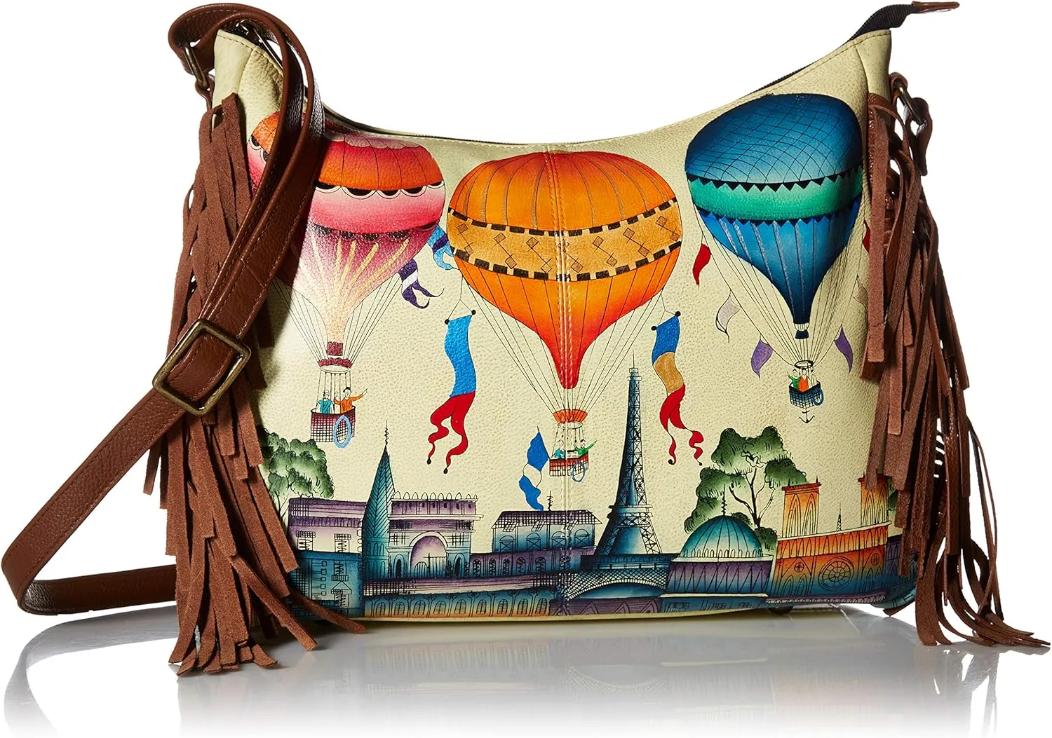 Anna by Anuschka Women's Handpainted Women's Large Genuine Leather Fringed Hobo - with Zippered Pockets and Adjustable Strap