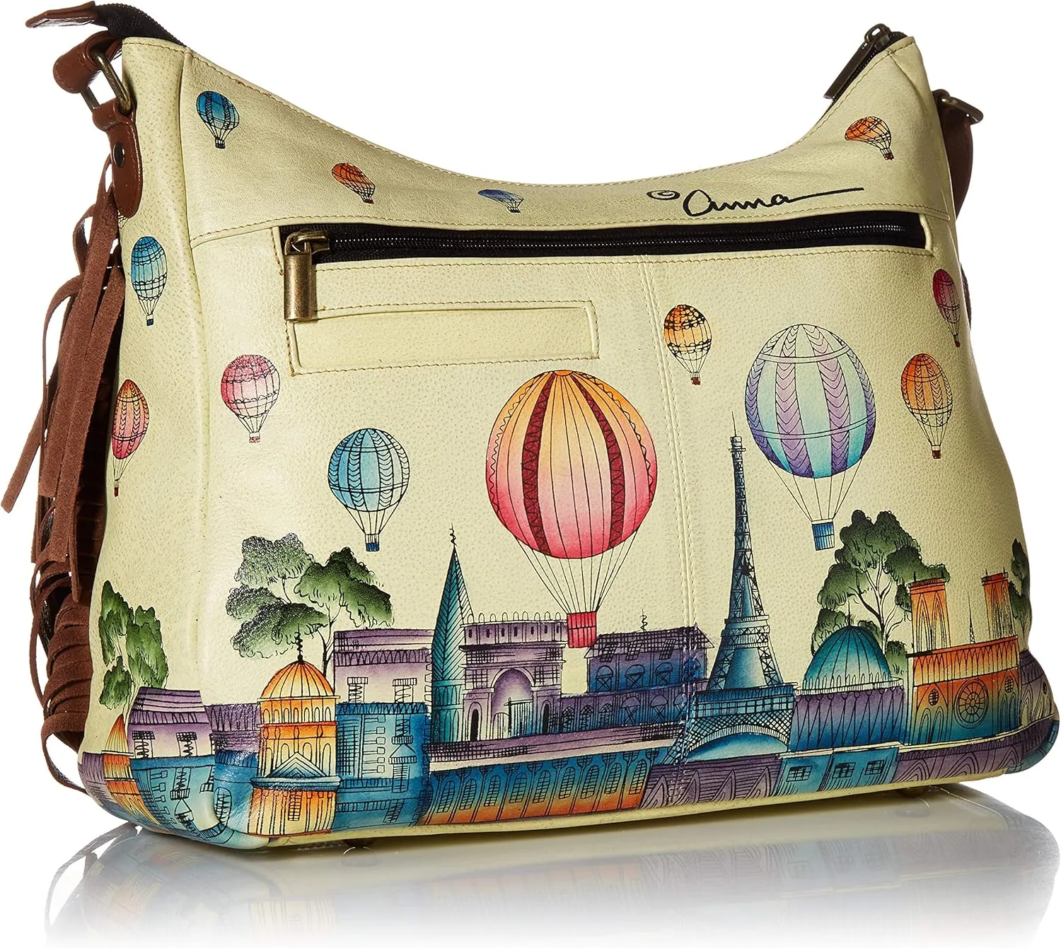 Anna by Anuschka Women's Handpainted Women's Large Genuine Leather Fringed Hobo - with Zippered Pockets and Adjustable Strap