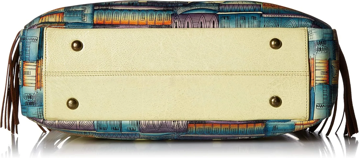 Anna by Anuschka Women's Handpainted Women's Large Genuine Leather Fringed Hobo - with Zippered Pockets and Adjustable Strap