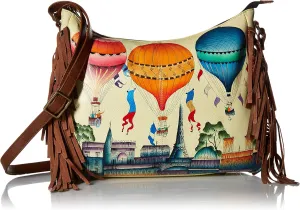 Anna by Anuschka Women's Handpainted Women's Large Genuine Leather Fringed Hobo - with Zippered Pockets and Adjustable Strap