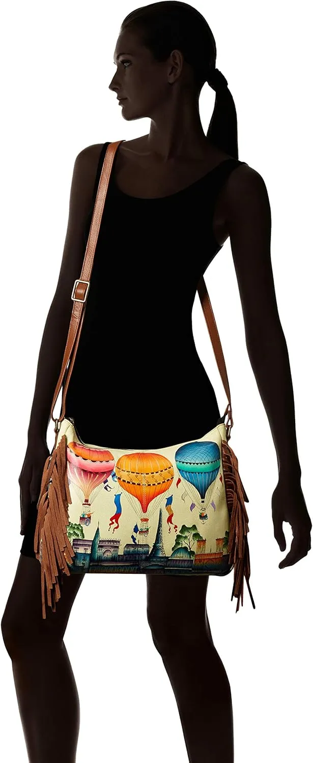 Anna by Anuschka Women's Handpainted Women's Large Genuine Leather Fringed Hobo - with Zippered Pockets and Adjustable Strap