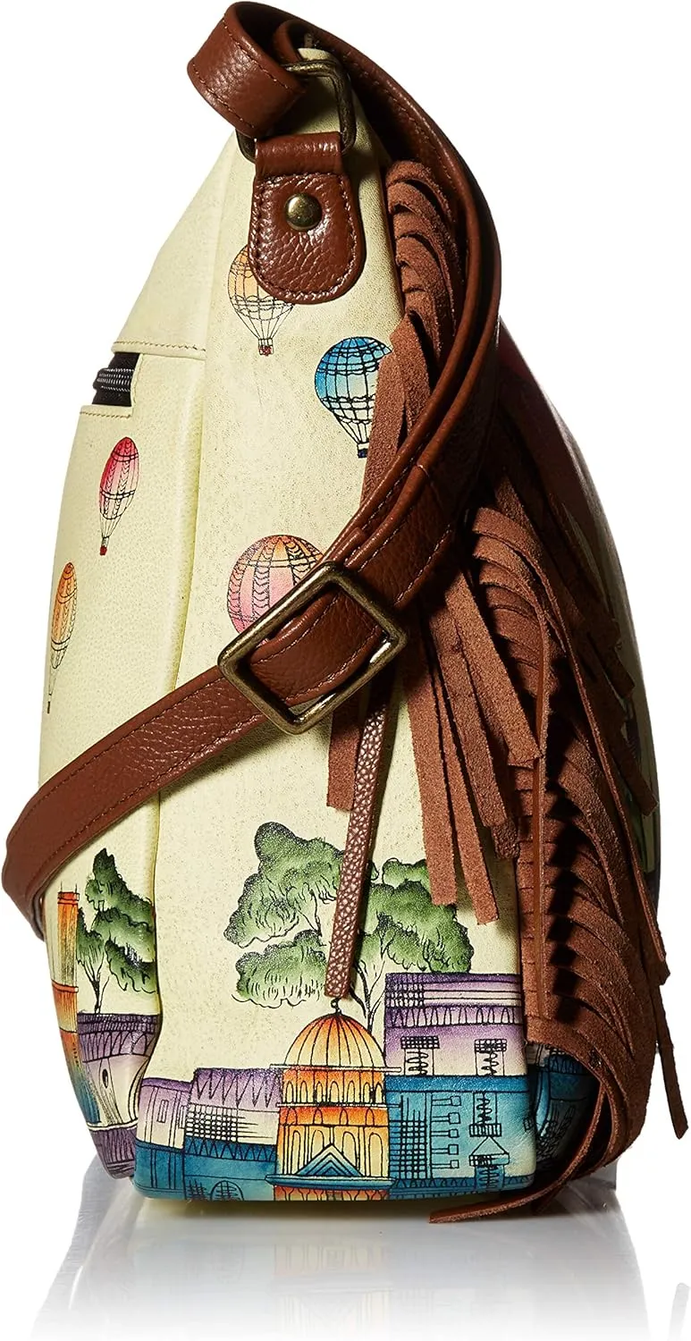 Anna by Anuschka Women's Handpainted Women's Large Genuine Leather Fringed Hobo - with Zippered Pockets and Adjustable Strap