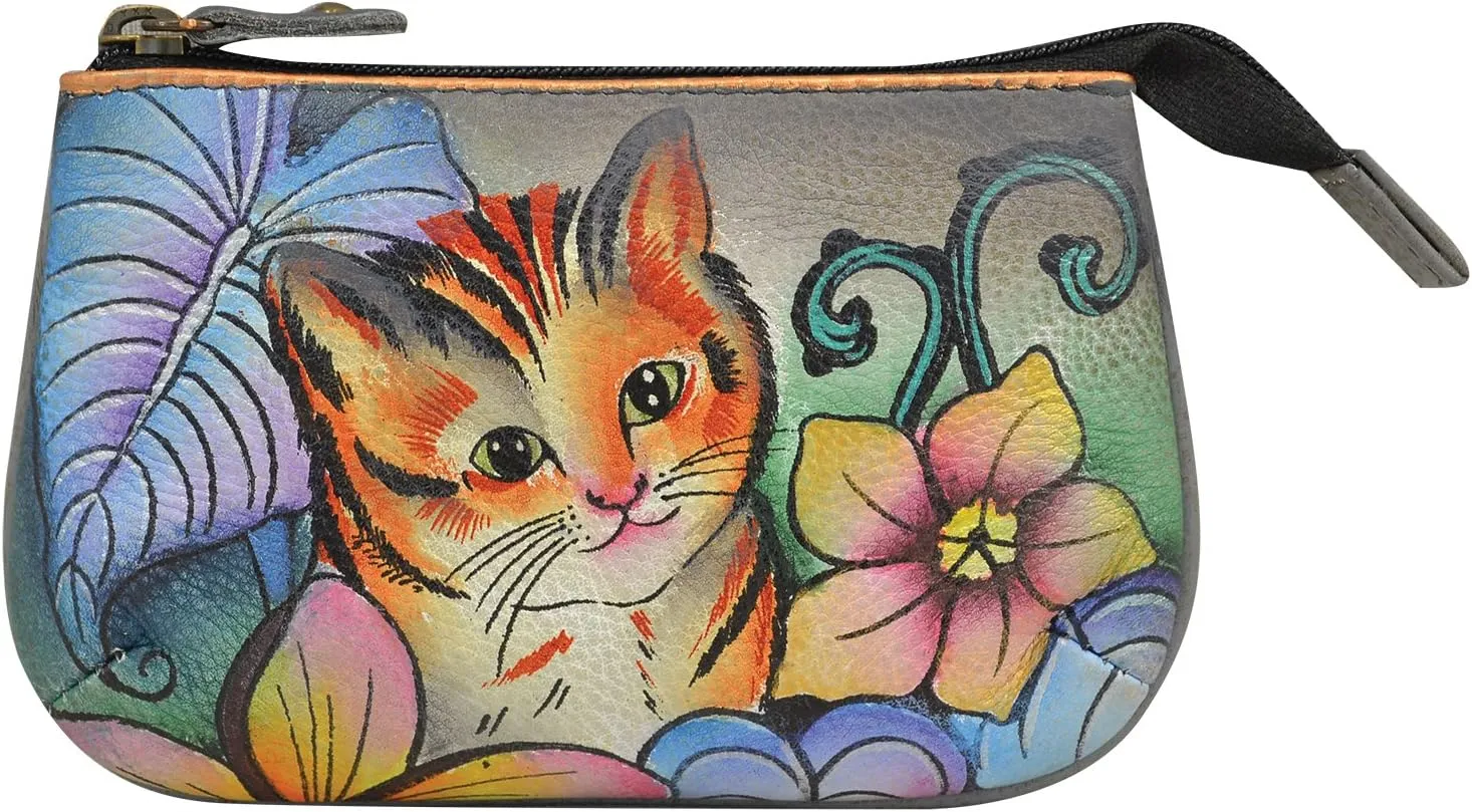 Anuschka Womens Hand-Painted Genuine Leather Medium Zip Pouch - Coin and Key Pouch - Zippered, 2 Key Fobs