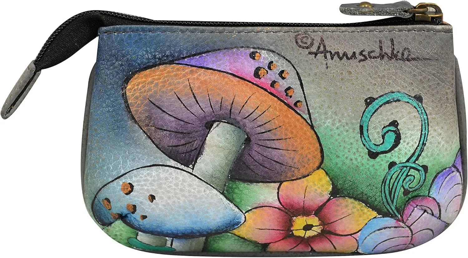 Anuschka Womens Hand-Painted Genuine Leather Medium Zip Pouch - Coin and Key Pouch - Zippered, 2 Key Fobs