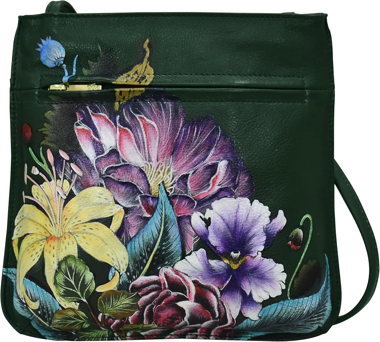 Anuschka Womens Hand-Painted Genuine Leather Slim Crossbody with Front Zip