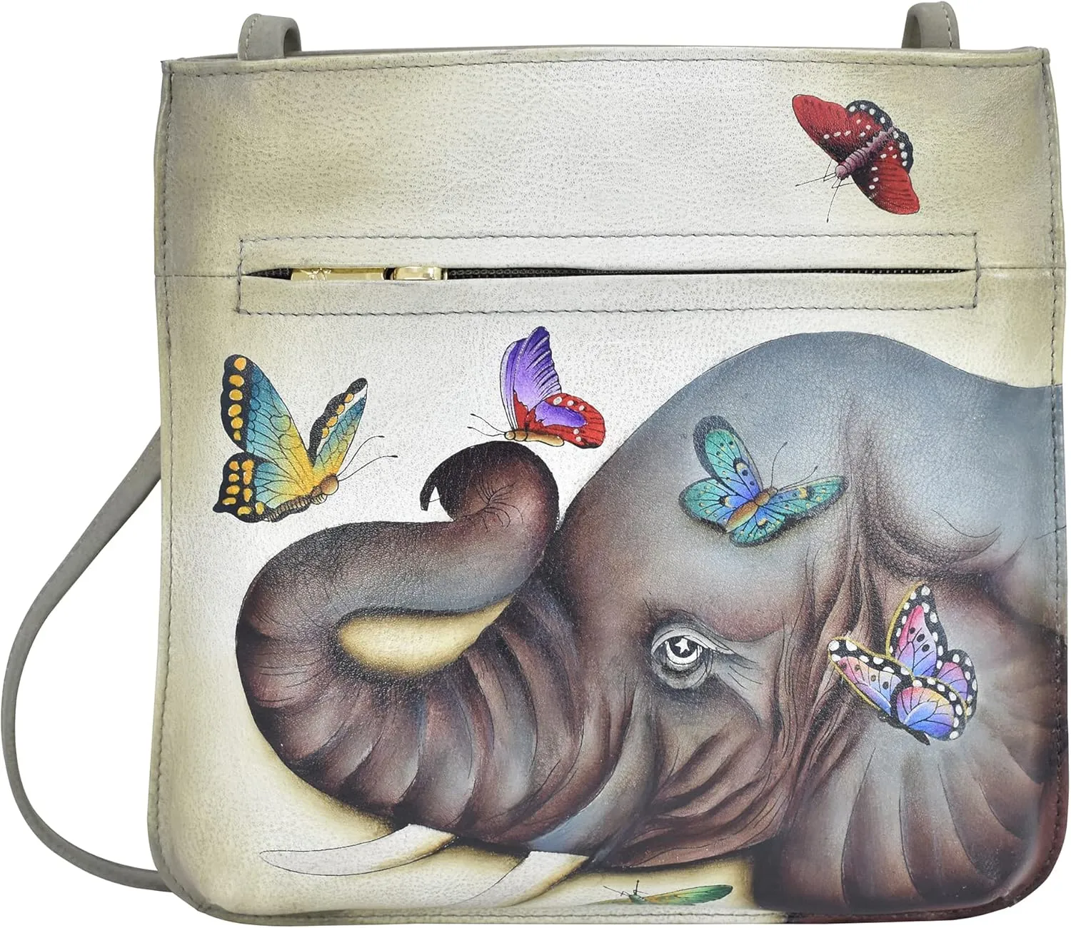 Anuschka Womens Hand-Painted Genuine Leather Slim Crossbody with Front Zip