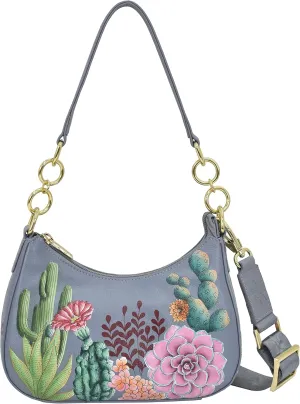 Anuschka Womens Hand Painted Genuine Painted Leather Small Convertible Hobo - Desert Garden