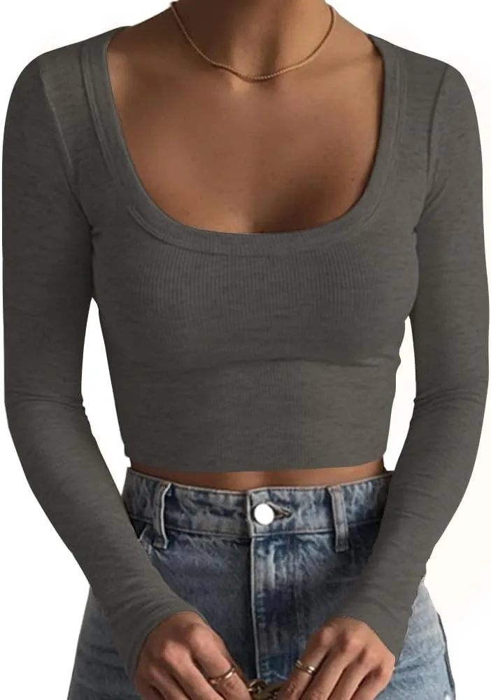 Artfish Women's Square Neck Long Sleeve Ribbed Slim Fitted Casual Basic Crop Top