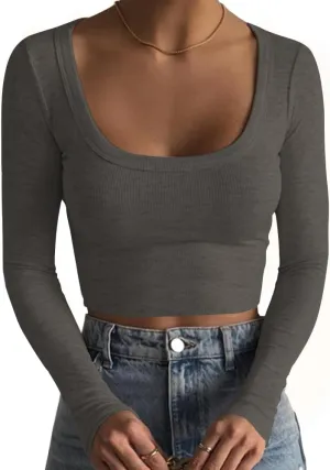 Artfish Women's Square Neck Long Sleeve Ribbed Slim Fitted Casual Basic Crop Top
