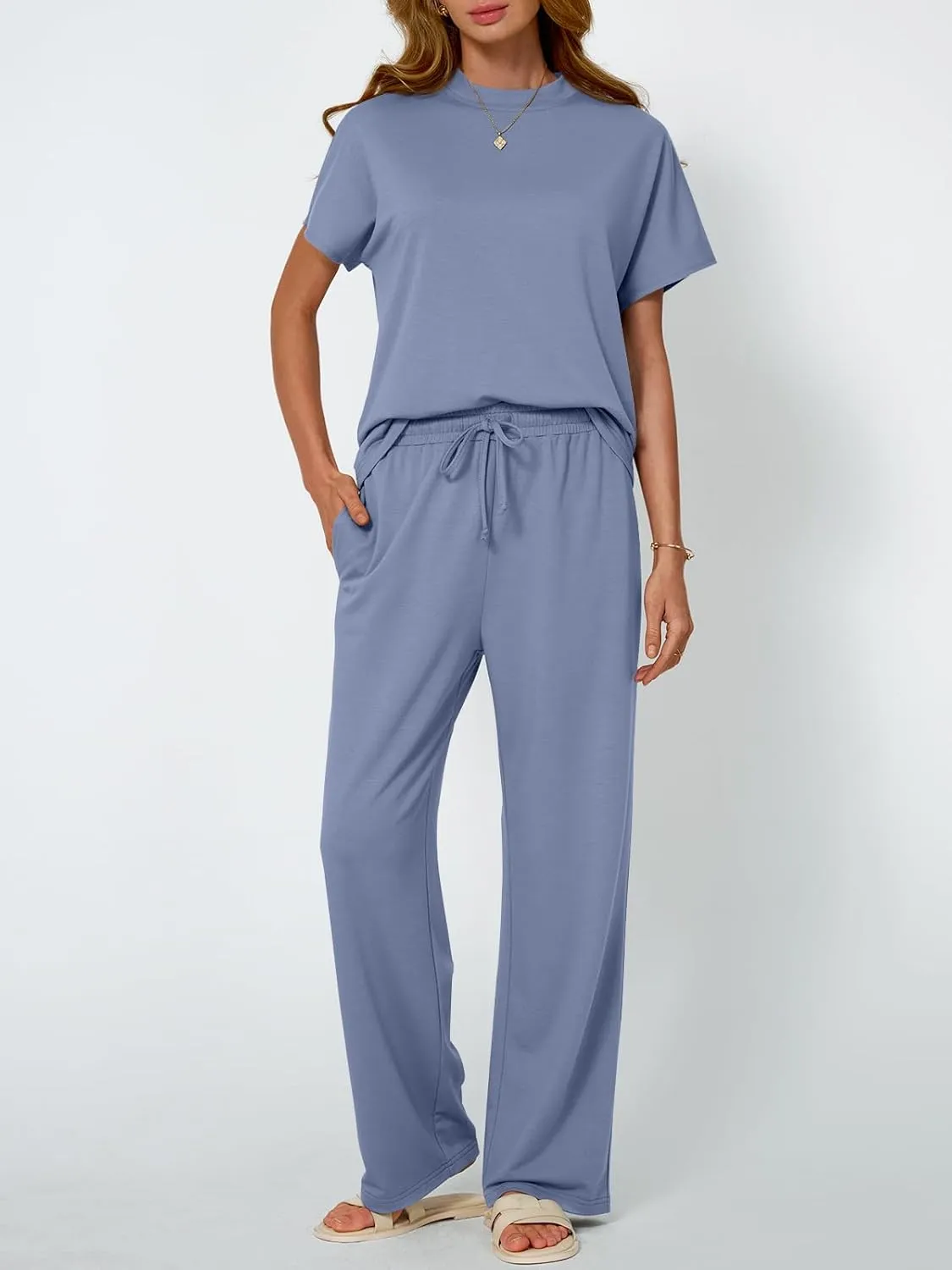 AUTOMET Women's Mock Neck 2 Piece Lounge Set Matching Summer Loose Fit Wide Leg Pants Set
