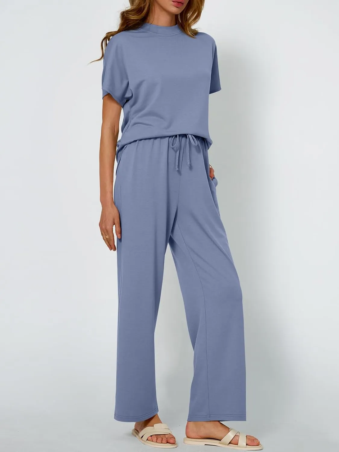 AUTOMET Women's Mock Neck 2 Piece Lounge Set Matching Summer Loose Fit Wide Leg Pants Set