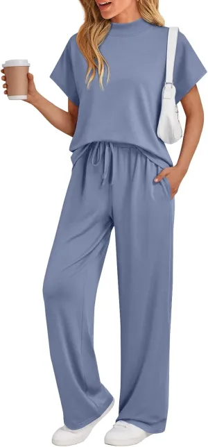 AUTOMET Women's Mock Neck 2 Piece Lounge Set Matching Summer Loose Fit Wide Leg Pants Set
