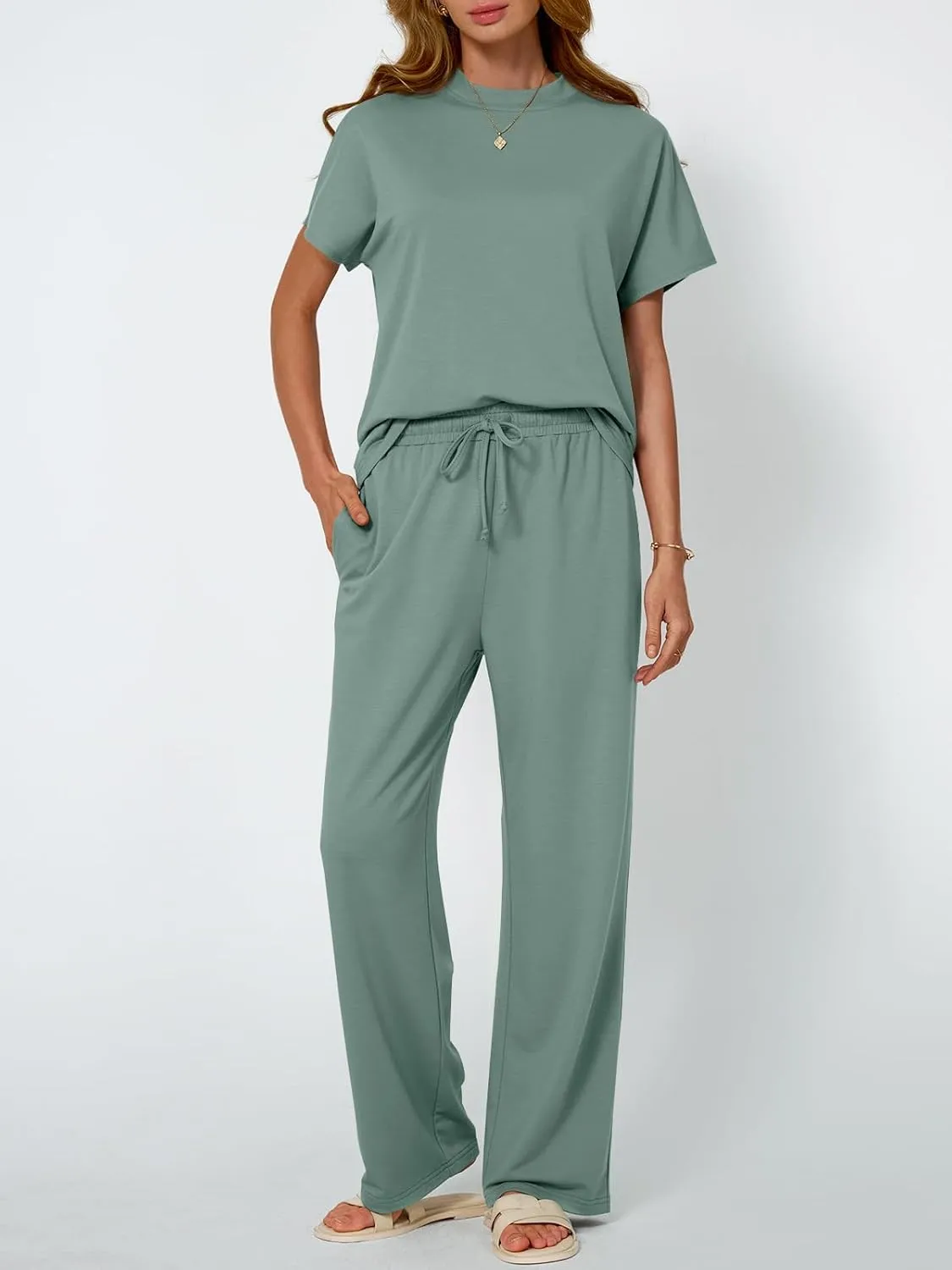 AUTOMET Women's Mock Neck 2 Piece Lounge Set Matching Summer Loose Fit Wide Leg Pants Set