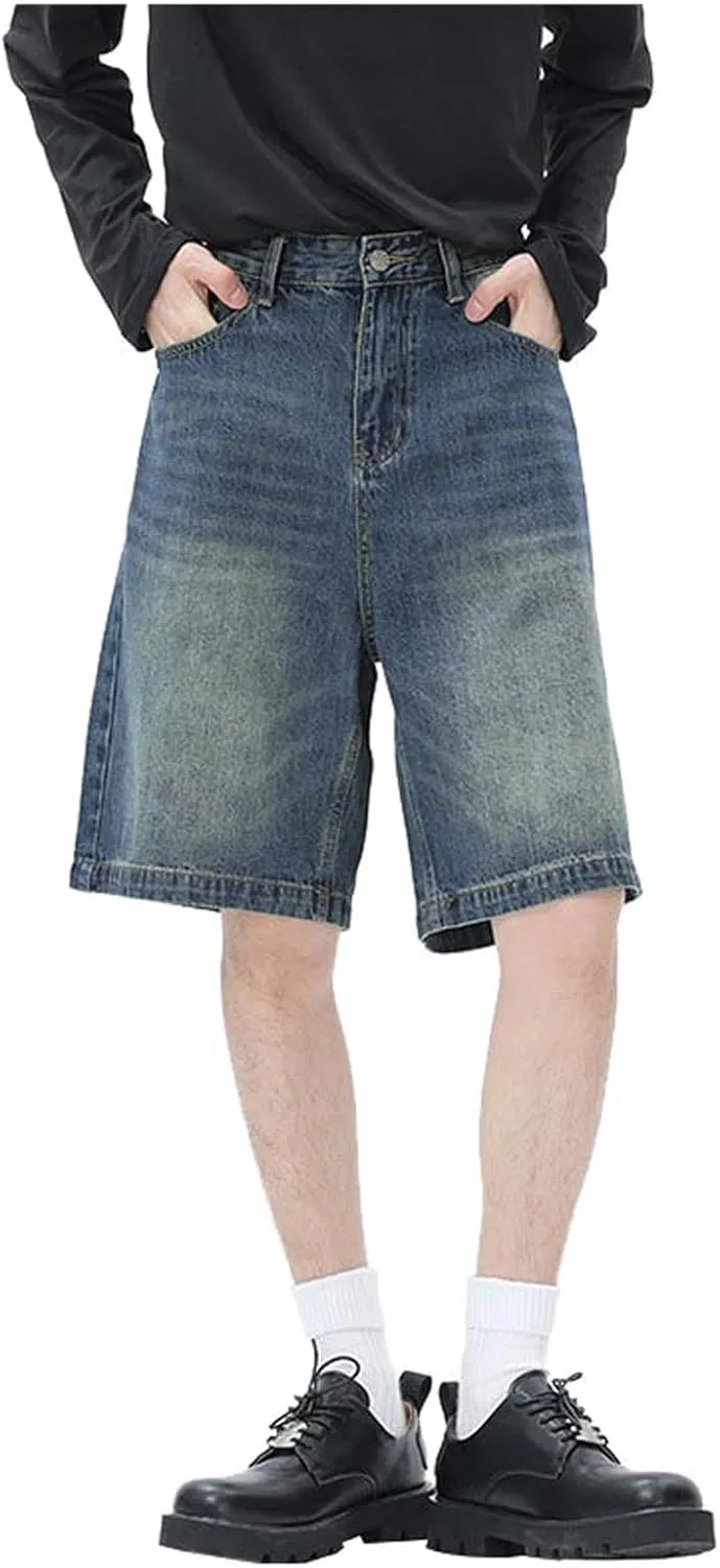 Baggy Jean Shorts for Men Casual Loose Fit Hip Hop Skateboard Denim Shorts Streetwear