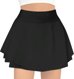 B&GCozy Girls Tennis Skirt, Double Ruffle Golf Running Yoga Workout Skorts with Pockets, Black 8-9 Years