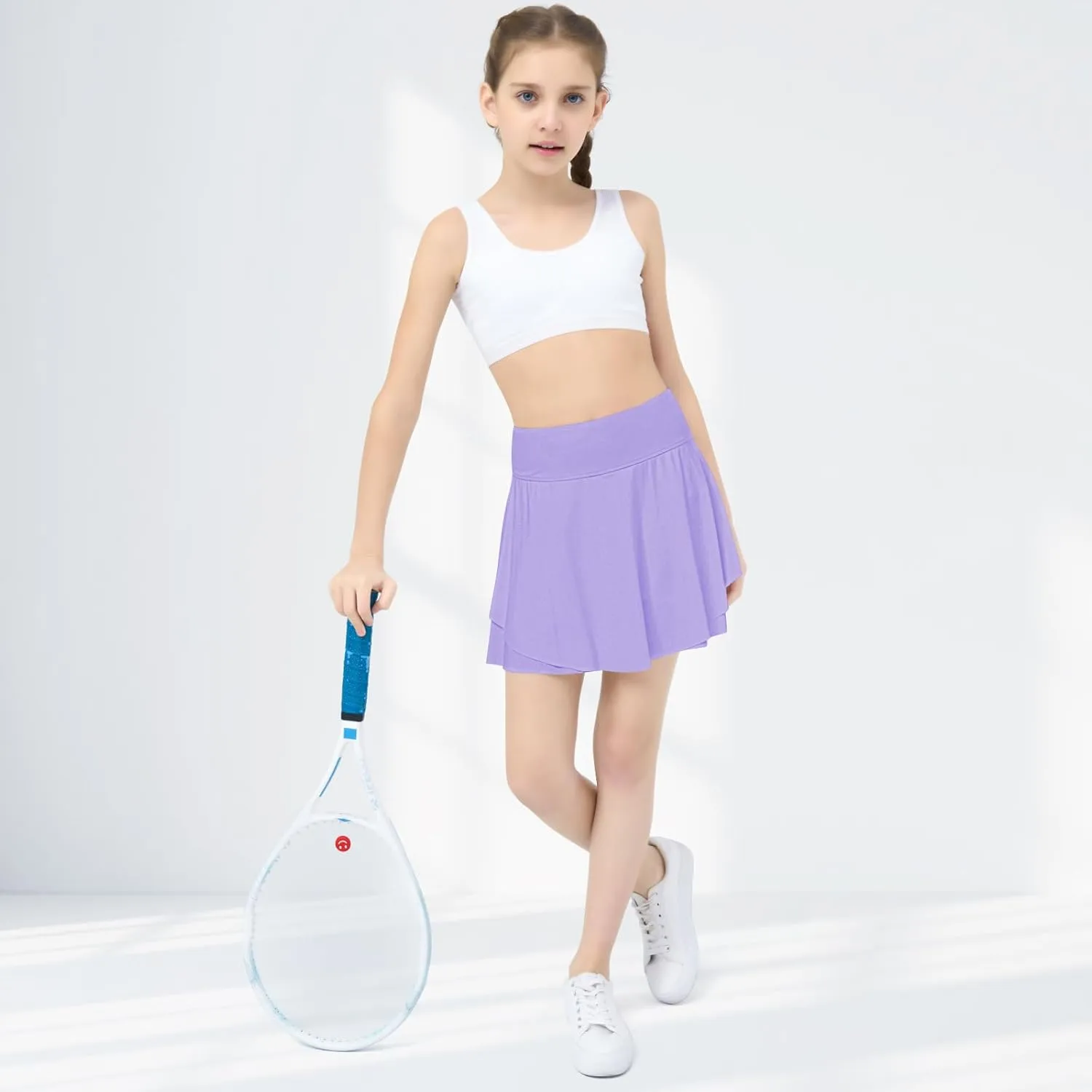 B&GCozy Girls Tennis Skirt, Double Ruffle Golf Running Yoga Workout Skorts with Pockets, Black 8-9 Years