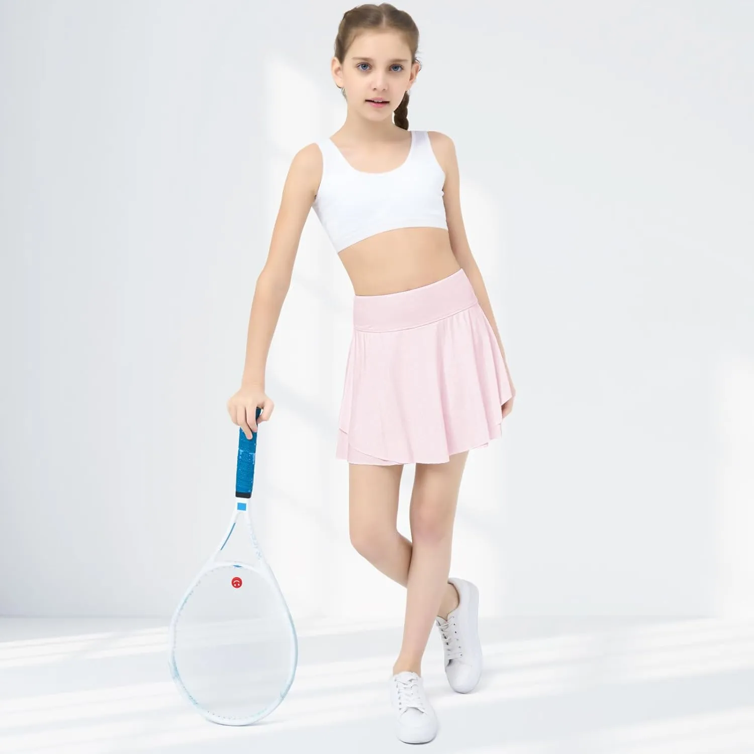B&GCozy Girls Tennis Skirt, Double Ruffle Golf Running Yoga Workout Skorts with Pockets, Black 8-9 Years
