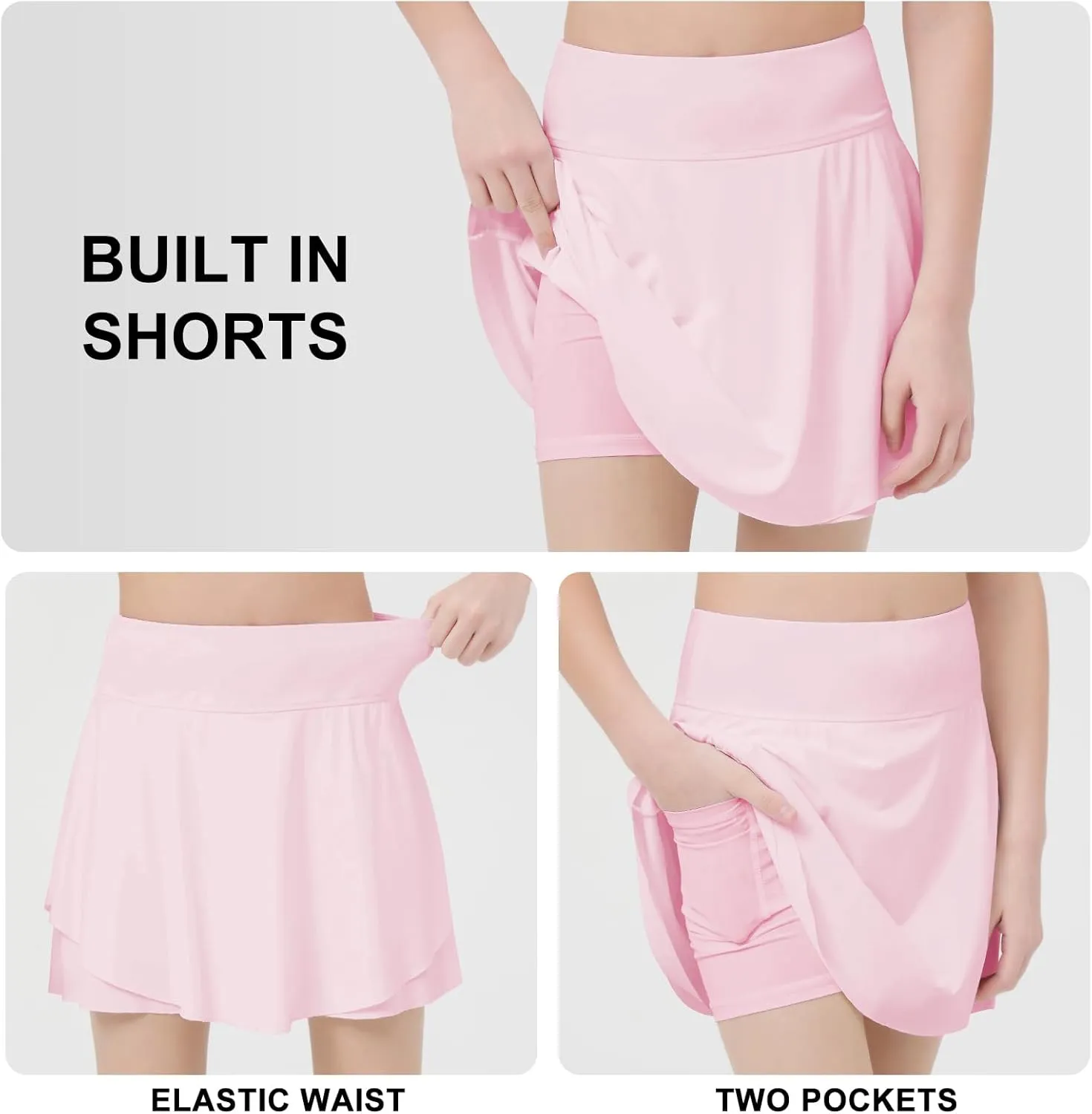 B&GCozy Girls Tennis Skirt, Double Ruffle Golf Running Yoga Workout Skorts with Pockets, Black 8-9 Years