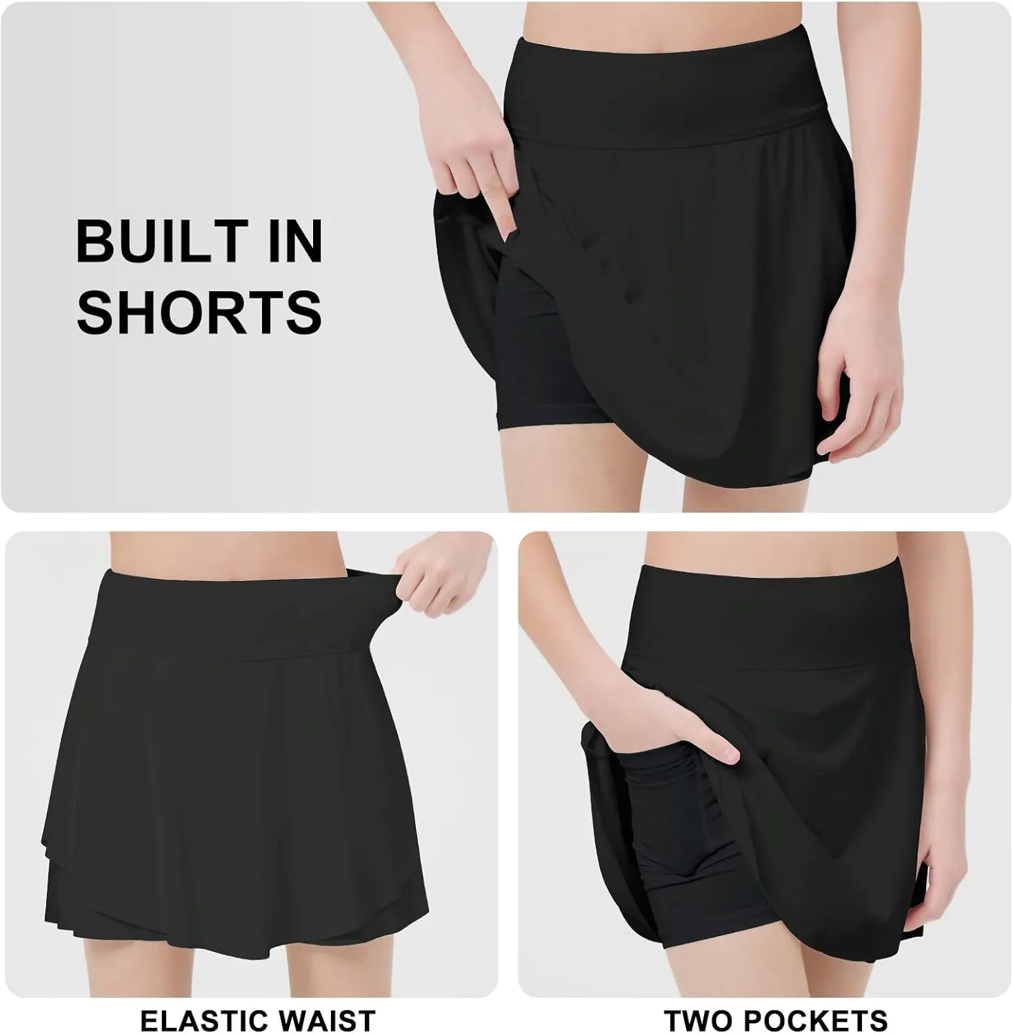 B&GCozy Girls Tennis Skirt, Double Ruffle Golf Running Yoga Workout Skorts with Pockets, Black 8-9 Years