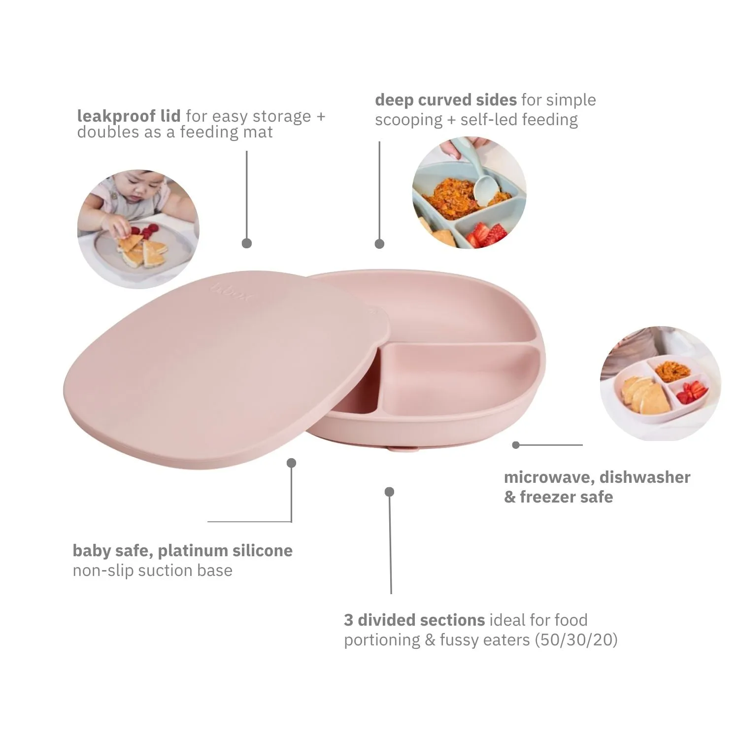 b.box Silicone Plate   Lid with Suction Base Blush Pink
