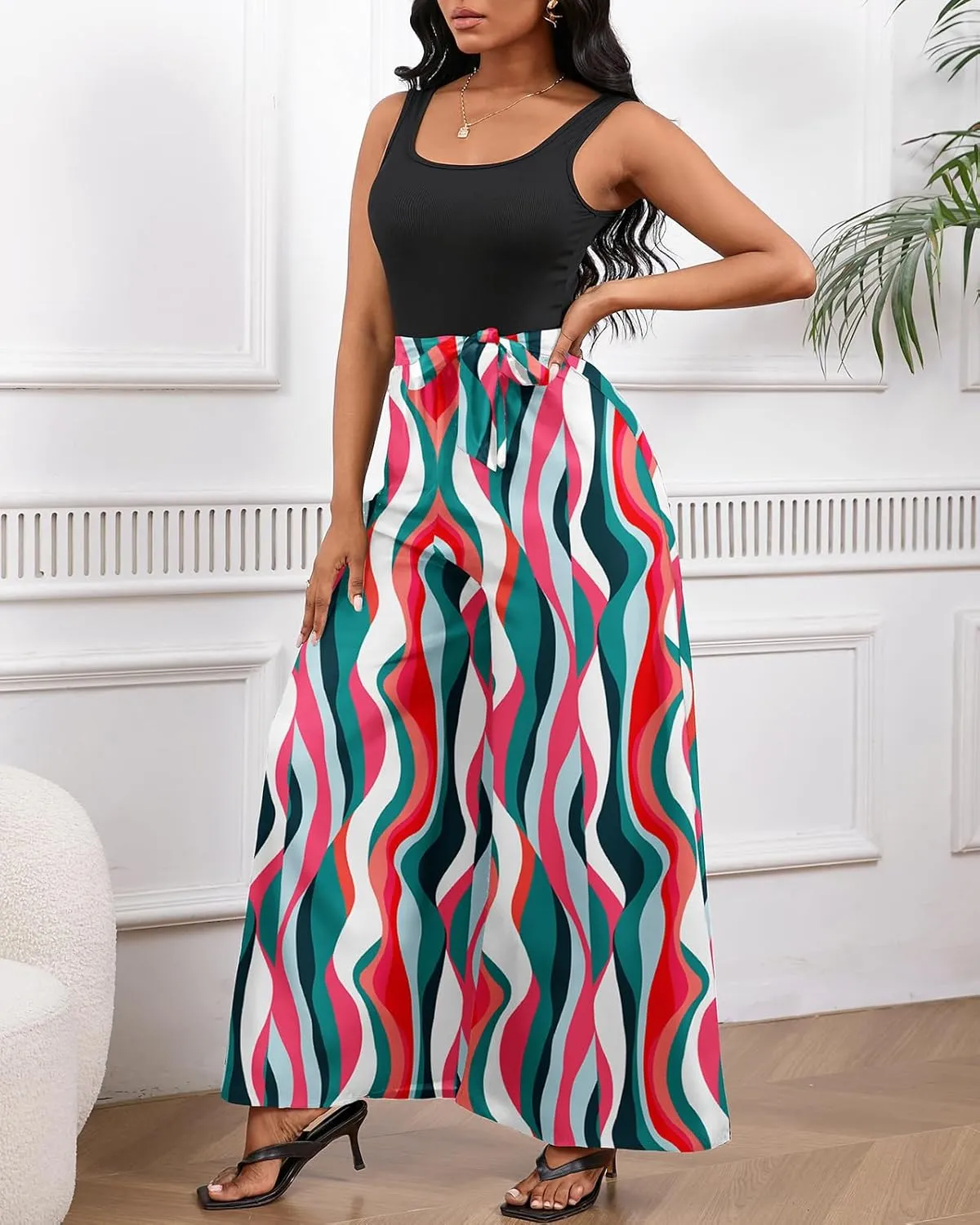 Bdwinz Women Casual Loose Summer Jumpsuit One Piece Print Outfits Sleeveless Wide Leg Pants