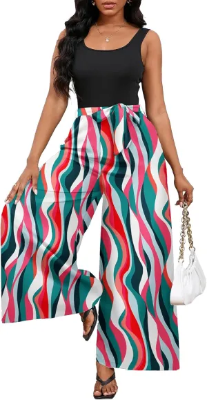 Bdwinz Women Casual Loose Summer Jumpsuit One Piece Print Outfits Sleeveless Wide Leg Pants