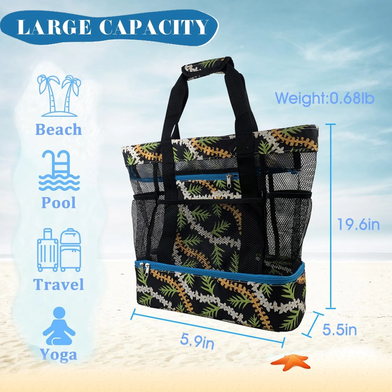 Beach Tote, Waterproof, Insulated Cooler, Breathable Mesh, Pool, Travel, Camping, Shopping, Family & Vacation