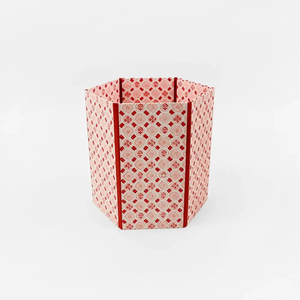 Block Printed Hexagon Collapsible Basket Spring Bloom Red
