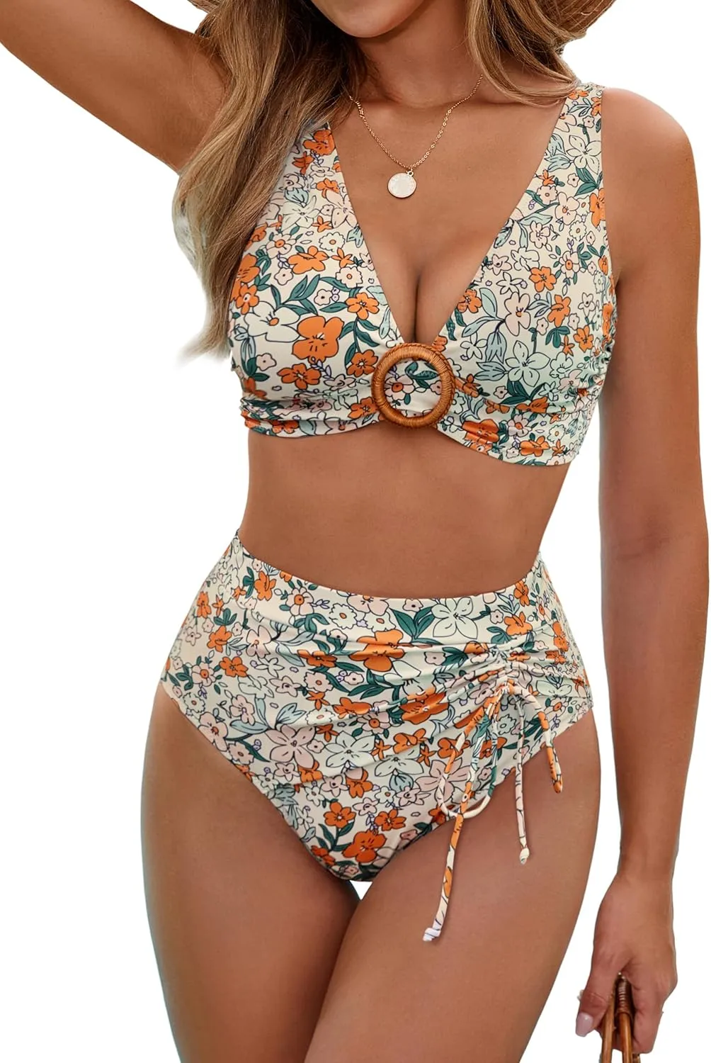 BMJL Womens High Waisted Bikini Sets Floral Two Piece Swimsuits V Neck Tummy Control Bathing Suits