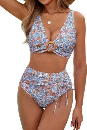 BMJL Womens High Waisted Bikini Sets Floral Two Piece Swimsuits V Neck Tummy Control Bathing Suits