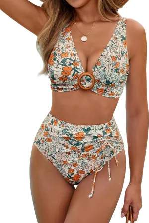 BMJL Womens High Waisted Bikini Sets Floral Two Piece Swimsuits V Neck Tummy Control Bathing Suits