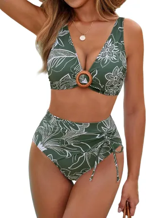 BMJL Womens High Waisted Bikini Sets Floral Two Piece Swimsuits V Neck Tummy Control Bathing Suits