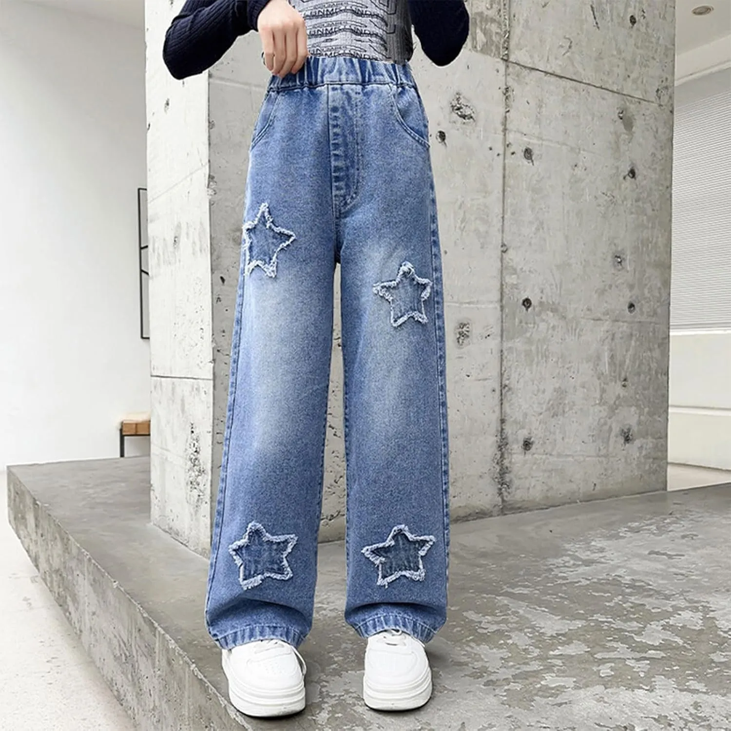 Boy's Cute Star Baggy Denim Pants Elastic Waist Pull On Jeans Straight Wide Leg Jeans for Teen Boys 8-14 Years