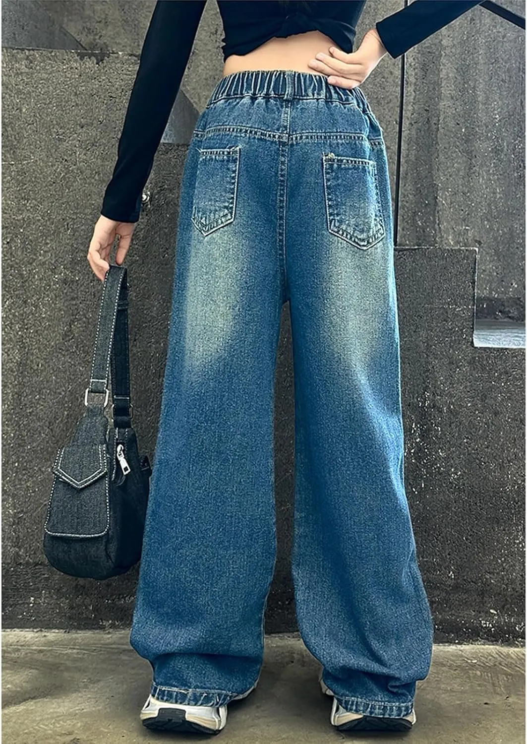 Boy's Cute Star Baggy Denim Pants Elastic Waist Pull On Jeans Straight Wide Leg Jeans for Teen Boys 8-14 Years