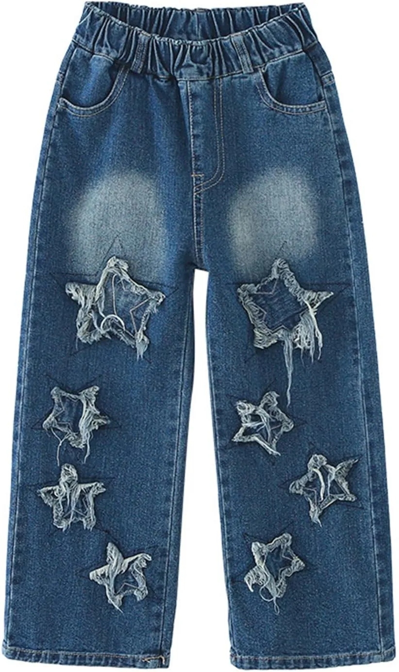 Boy's Cute Star Baggy Denim Pants Elastic Waist Pull On Jeans Straight Wide Leg Jeans for Teen Boys 8-14 Years