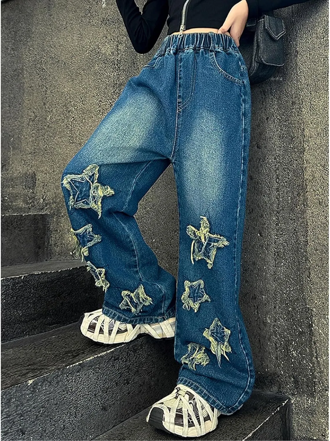 Boy's Cute Star Baggy Denim Pants Elastic Waist Pull On Jeans Straight Wide Leg Jeans for Teen Boys 8-14 Years